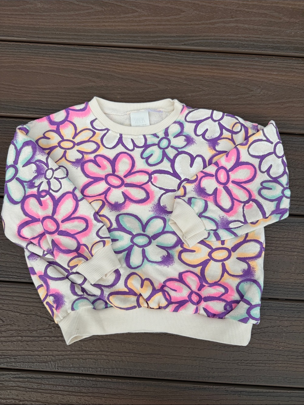 Zara Kids Floral Spray-Print Sweatshirt - White with Pink & Purple Flowers